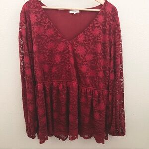 Maurices Lace Floral Romantic Babydoll Blouse Top- Deep Red/Burgundy Size 2XL